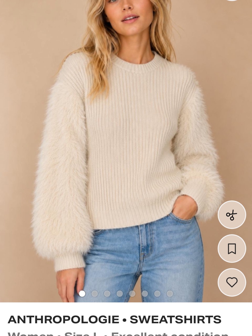 Anthropologie Cream Ribbed Body Sweater with Fuzzy Balloon Sleeves size L